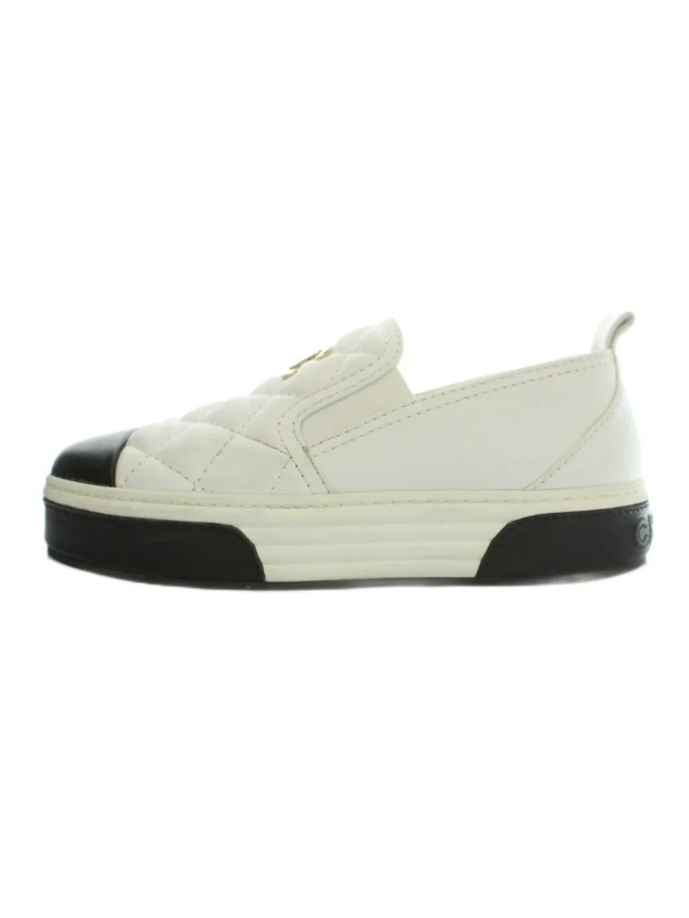 Chanel CC Logo Quilted Leather Slip on Shoes Thick Sole Switch Bicolor White 36